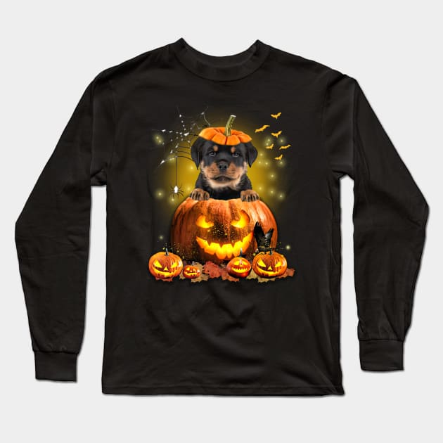 Rottweiler Spooky Halloween Pumpkin Dog Head Long Sleeve T-Shirt by Mhoon 